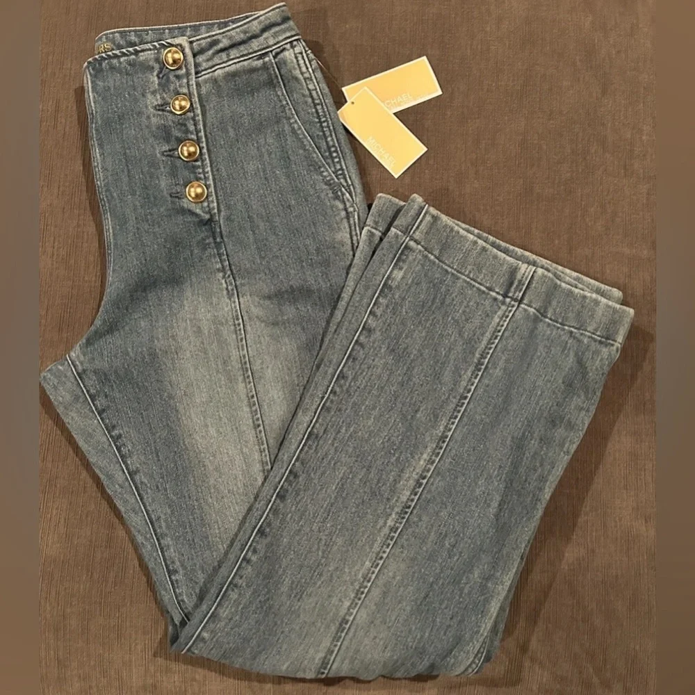 MICHAEL KORS Double Button Sailor Flared Jeans Blue Womens Petite 12P NWT